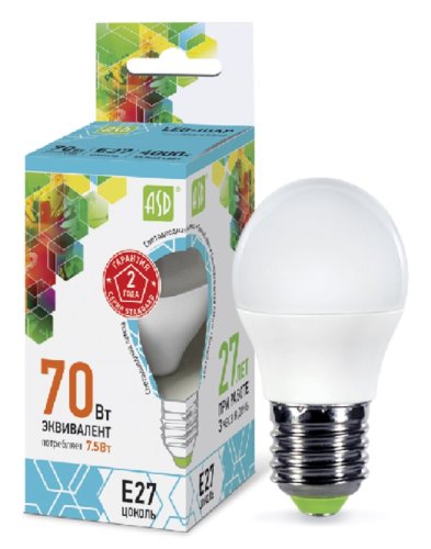 Лампа светодиодная ASD Standart G45 Шар E27 220В 7,5Вт 675Лм 4000К 45х78мм картинка 